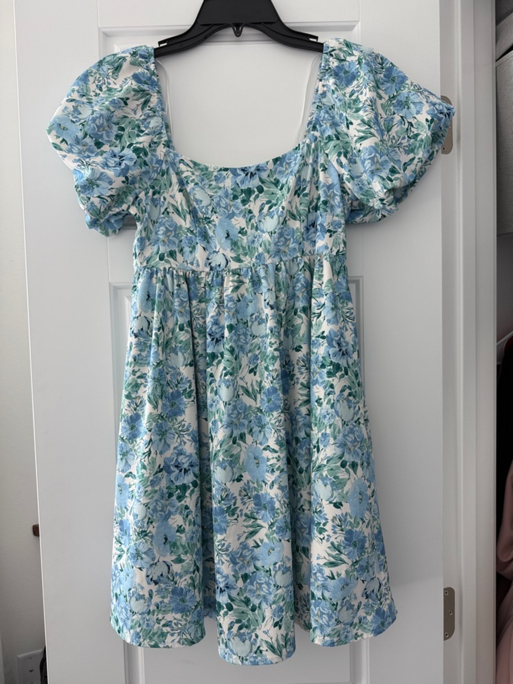 Blue Floral Puff-Sleeve Kids Dress